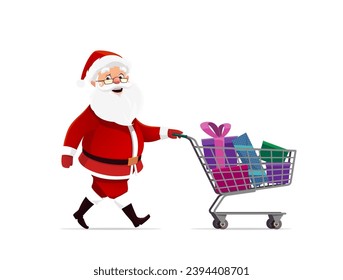 Cartoon christmas santa claus shopping with trolley. Isolated vector cheerful father Noel navigates store with cart, laden with festive gifts, spreading holiday joy in the spirit of Xmas sale delight