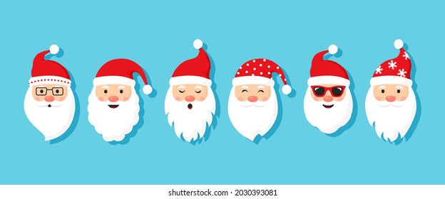 Cartoon Christmas Santa Claus, vector cute head characters, red Santa hat, New Year fun collection, winter illustration on blue background