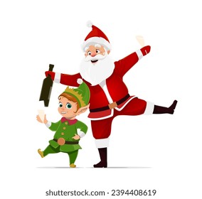 Cartoon Christmas Santa dancing with elf and wine bottle, both adorned in vibrant outfits. Vector festive scene merry whimsical personages celebrate Xmas holiday revelry, drinking alcohol and dance