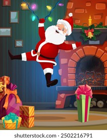 Cartoon Christmas Santa hanging on garland near fireplace in living room. Funny Santa Claus vector character swinging on Xmas holiday lights with Christmas gift boxes and bag, festive bell and candle