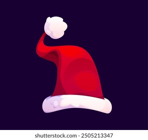 Cartoon Christmas Santa hat, festive red cap with a white fluffy trim and pom-pom evokes the holiday spirit and joy. Isolated vector headwear of saint nicholas or noel , accessory for xmas photo booth