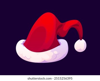 Cartoon Christmas Santa hat. Festive headdress accessory for xmas holiday celebration, Isolated vector red cap with white fur, photo booth decoration evoking feelings of joy, and winter festivities