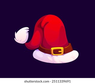 Cartoon Christmas Santa hat with fluffy white brim and pom-pom, adorned with a brown belt featuring a gold buckle. Vector festive Santa Claus cap hat for xmas holiday. Winter festive season accessory