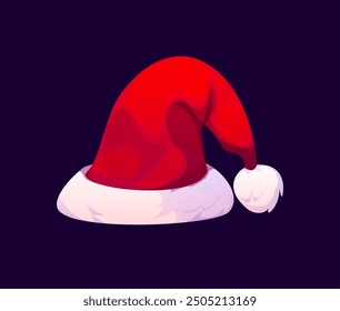 Cartoon Christmas Santa hat. Isolated vector red classic cap of Saint Nicholas or Noel with white fluffy trim and pom-pom, accessory for xmas holiday celebration, photo booth, festive decoration item