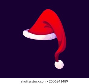 Cartoon Christmas Santa hat. Isolated vector red cap with white fur. Festive headdress accessory for xmas holiday celebration, photo booth decoration evoking feelings of joy, and winter festivities