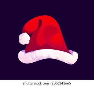 Cartoon Christmas Santa hat. Red, pointed cap with fluffy white pom-pom at the tip and a fur band around the base. Part of santa claus traditional outfit, symbolizing festive cheer and holiday spirit