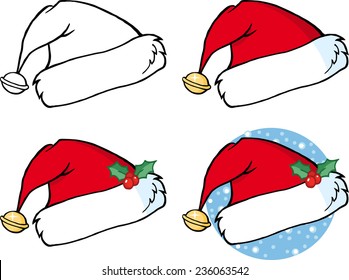 Cartoon Christmas Santa Hat. Vector Collection Set