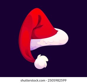 Cartoon Christmas Santa hat. Vector classic red, pointed headwear with fluffy white fur trim along the brim and a pom-pom at the tip. symbol of festive and cheerful spirit of xmas holiday celebration