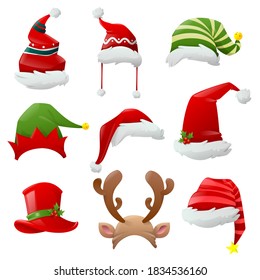 Cartoon Christmas Santa hats. Hats of different Christmas characters. Big set of realistic Santa hats isolated on white background. Cartoon new year face masks. Vector illustration