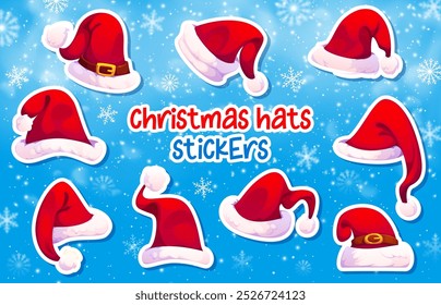 Cartoon Christmas Santa hats stickers pack. Cartoon vector red caps decorations with white fur and snowflakes around. Festive headdress accessory for xmas holiday celebration and winter festivities