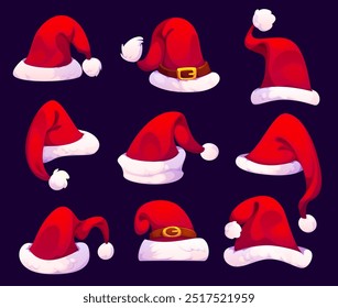 Cartoon Christmas Santa hats for winter holiday or greeting card, vector icons. Different Santa hats red with fur pompom and golden buckle for New Year decoration and Xmas holiday celebration