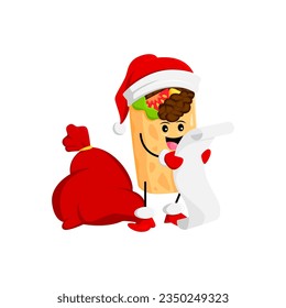 Cartoon Christmas Santa mexican burrito character with gifts bag reading scroll with the wishes. Isolated vector tortilla roll Mexico food personage wear father Noel hat holding long parchment list