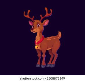 Cartoon Natal Santa rena personagem com chifres e um sino em torno de seu pescoço. Vetor bonito veado feriado animal personagem exala alegria e espírito festivo. Alce engraçado com chifres grandes e colarinho vermelho