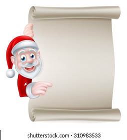 Cartoon Christmas Santa scroll sign of cartoon Santa Claus pointing at a scroll banner