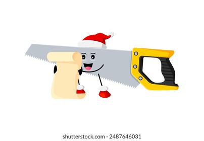 Las Navidades de dibujos animados vieron el personaje de la herramienta de bricolaje y reparación en el sombrero de Papá Noel, sosteniendo el pergamino de los deseos. Personaje de carpintería festiva de Vector aislado listo para difundir la alegría de las fiestas con un toque de artesanía caprichosa