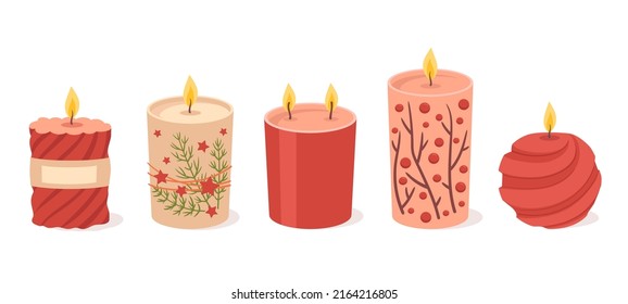 Cartoon Christmas scented candle, wax xmas decorative aromatic candles. Winter holiday cozy aroma candles, scented candles vector symbols illustrations set. Xmas candles collection