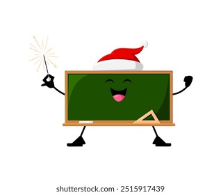 Cartoon Christmas school chalkboard education item character in Santa hat, gleefully holding sparkler. Isolated vector blackboard personage spreading festive holiday cheer in chalky winter wonderland