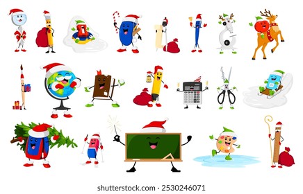 Cartoon Christmas school education items, stationery and book characters. Xmas holiday supplies of vector cute pencil, pen, paint brush and ruler personages with Christmas tree, Santa gift bag, deer