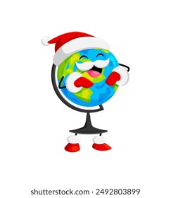 Cartoon Christmas school globe education item character adorned with a Santa hat, spreading holiday cheer in a scholarly and whimsical manner. Isolated vector personage ready for geography lessons