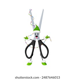 Cartoon Christmas scissors school education item, stationery character. Isolated vector shears personage adorned with festive twinkling lights garland, ready to bring holiday cheer and merry spirit