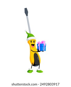 Cartoon Christmas screwdriver diy and repair tool character joyfully holding a gift box. Isolated vector festive personage with a cheerful smile, ready to spread holiday cheer and handy surprises