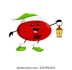 Cartoon Christmas Se micronutrient character wearing green festive hat, with a festive glowing lantern in hand. Isolated vector cheerful Selenium capsule personage ready for Xmas celebration