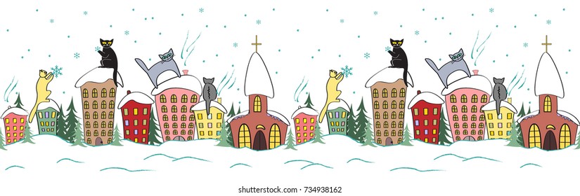 Cartoon christmas seamless design with cats in silhouettes sitting on the top of the roof watching snowflakes