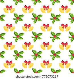 Cartoon Christmas seamless pattern with bell and holy.   Winter background, decorative wrapper, texture, textile. Seamless festive pattern