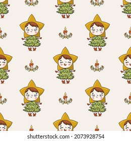 Cartoon christmas seamless pattern with cute girl child in christmas tree costume