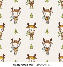 Cartoon christmas seamless pattern with cute boy in christmas deer costume