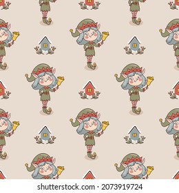 Cartoon christmas seamless pattern with elf girl in hand drawn style