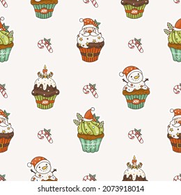 Cartoon christmas seamless pattern with hand drawn cupcakes. Christmas background