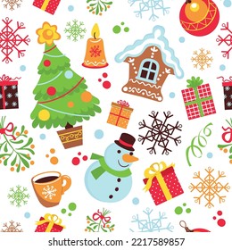 Cartoon Christmas seamless pattern. Holiday New Year elements. Santa attributes. Gifts and decorations. Present box. Xmas tree and snowman. Winter snowflakes. Splendid
