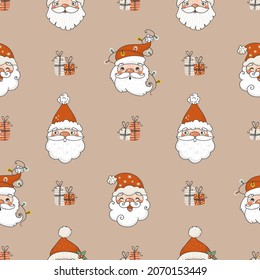 Cartoon-Weihnachtsmuster nahtlos mit den Gesichtern der Weihnachtsmannschaft in handgezeichnet