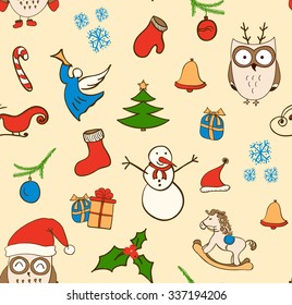 Cartoon Christmas seamless pattern with snowman, owls, gift boxes and other elements. Seamless pattern can be used for wallpapers, web page backgrounds.