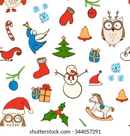 Cartoon Christmas seamless pattern with snowman, owls, gift boxes and other elements. Seamless pattern can be used for wallpapers, web page backgrounds.
