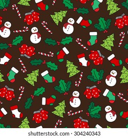 Cartoon christmas seamless pattern with stockings, mittens, candy cane, holly berries, snowman and with xmas tree. Hand drawn doodles on brown background. Vector illustration eps8