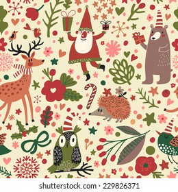 Cartoon Christmas seamless pattern for winter holidays designs in bright colors. Stylish New Year and Christmas background in vector. Holiday card with funny Santa, Owl, Bear, Hedgehog, bird and deer