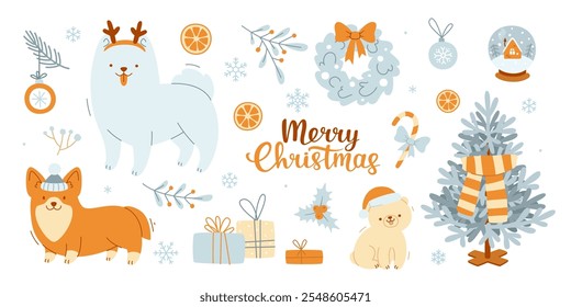 Cartoon christmas set with cute dogs. Vector xmas collection. Cozy christmas bundle with pets.