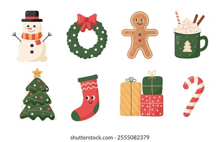 Cartoon Christmas set in flat style. Vector illustration