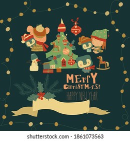 Cartoon Christmas set with little girl and penguin