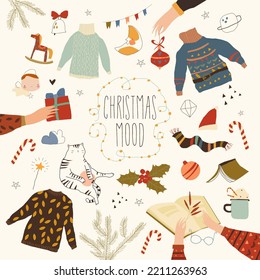 Cartoon Christmas Set with Sweaters, Books and Graphic Holiday Elements