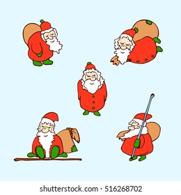 Cartoon Christmas set. Vector set of five funny cartoon Santa Claus