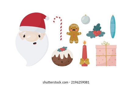 Cartoon Christmas set. Vector illustration. Good for cards, icon, stickers, prints etc.