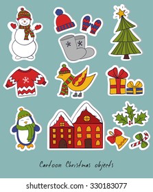 Cartoon christmas set. Vector illustration with snowman, christmas tree and birds.