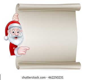 Cartoon Christmas sign with Santa Claus pointing at a scroll banner