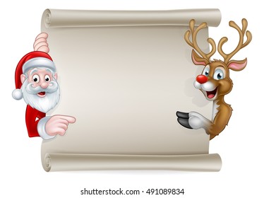 Cartoon Christmas sign with Santa Claus and his reindeer pointing at a scroll banner