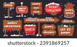 Cartoon Christmas signboards, wooden signs on pole, arrow signpost under snow set vector illustration. Cute holiday billboards, snowy boards with holly leaves, bows and garlands for party celebration