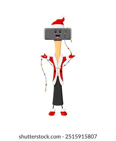 Dibujos animados Navidades sledgehammer bricolaje o personaje de la herramienta de reparación con guirnalda de luz centelleante. Personaje de instrumento de construcción festivo de Vector aislado en Santa Claus Ropa lista para difundir la alegría navideña