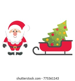 cartoon christmas sleigh and fir tree and santa claus